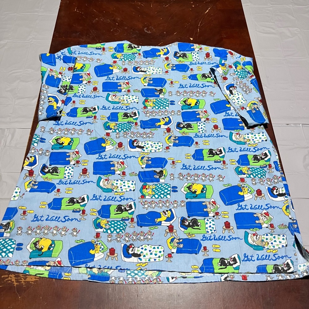 Scrubs Station Get Well Soon Cartoon Cats Dogs Mice Scrub Top Blue 3XL Plus Size - Picture 12 of 12